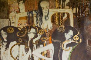 Fragment with the figures of Death, Illness and Madness in Gustav Klimt's Beethoven Frieze at the Vienna Secession. Photo: Art with me! e.U., 2019