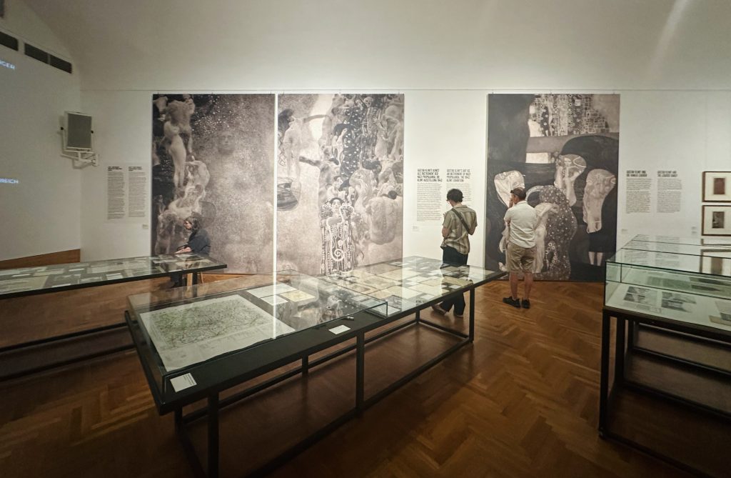 Klimt exhibition in the Museum of the applied Art. Photo of the exposition with the Faculty paintings, 2025